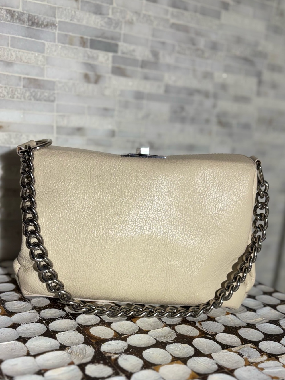 Made in Italy Genuine Cream Grained Leather Shoulder Bag w/Metal Chain